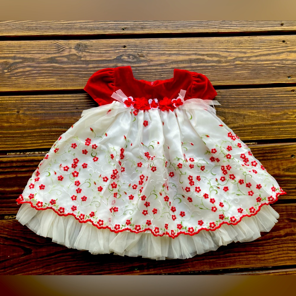 Bonnie Baby Christmas Holiday floral embroidery on red velvet 12 months🎄